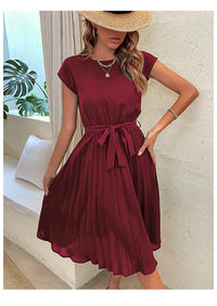 Pleated A-Line Summer Dress for Women with Short Sleeves – Melina-Red wine-S-State of Style