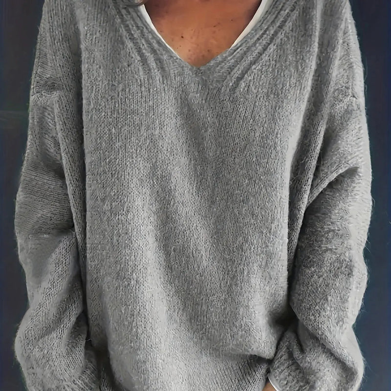 Plus Size Casual V-Neck Sweater for Curvy Women-Smokey Grey-S-State of Style