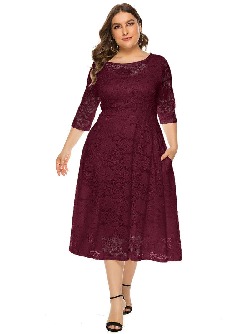 Plus Size Midi Dress with Contrasting Lace-Burgundy-XL-State of Style