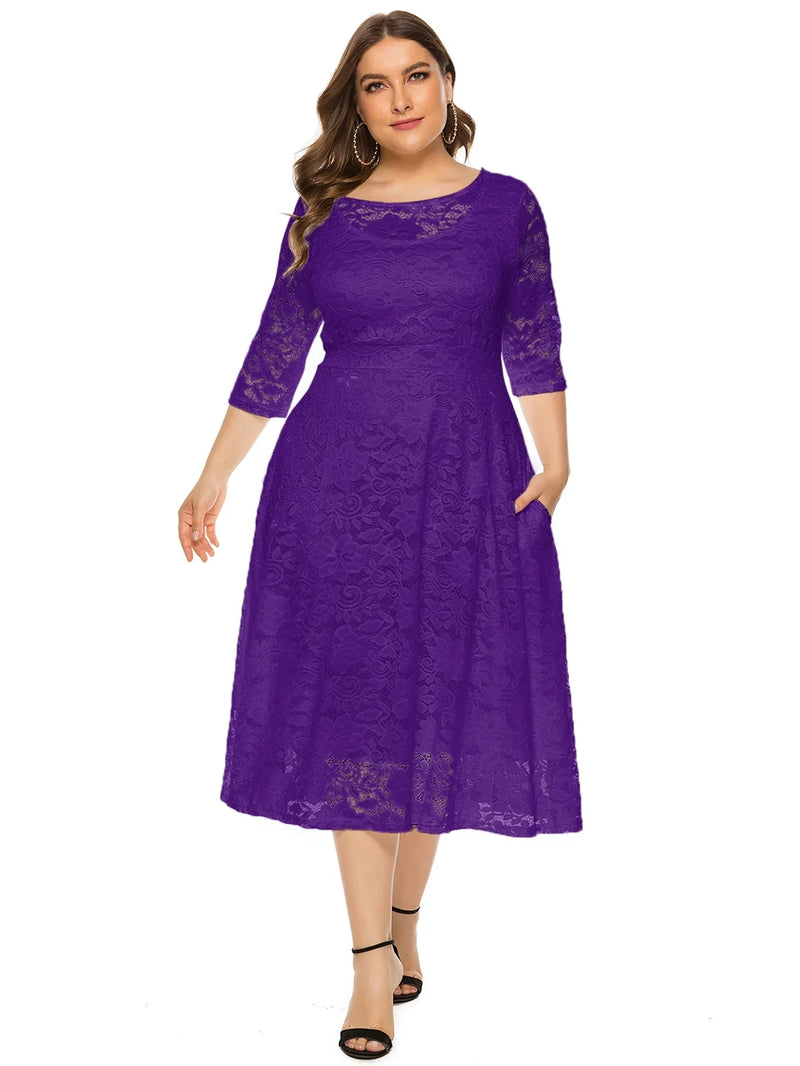 Plus Size Midi Dress with Contrasting Lace-Purple-XL-State of Style
