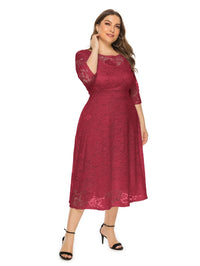 Plus Size Midi Dress with Contrasting Lace-Red-XL-State of Style