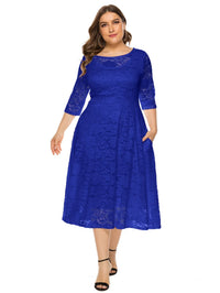 Plus Size Midi Dress with Contrasting Lace-Royal Blue-XL-State of Style