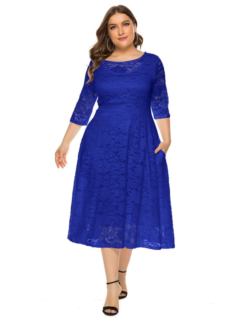 Plus Size Midi Dress with Contrasting Lace-Royal Blue-XL-State of Style
