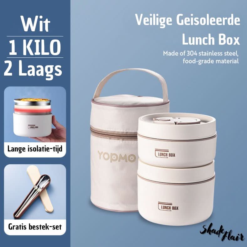 Portable Insulated Meal Container Set - LunchMate-2-Containers + Bag + FREE Cutlery Set-White-State of Style