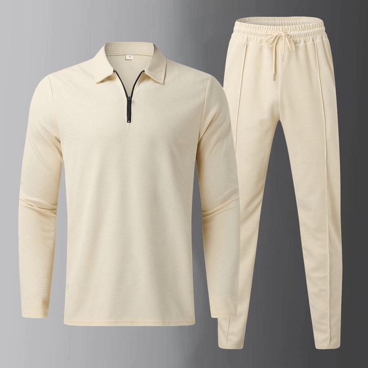 Premium men's leisure set with long-sleeve shirt and joggers – Elian-Beige-S-State of Style