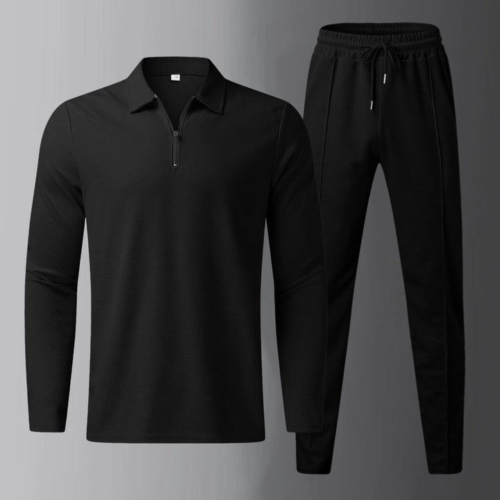 Premium men's leisure set with long-sleeve shirt and joggers – Elian-Black-S-State of Style