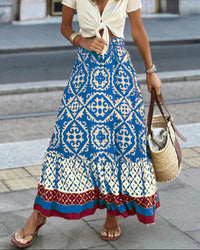 Printed Boho maxi skirt with a flowing cut & fringes – Yalina-Blue-S-State of Style