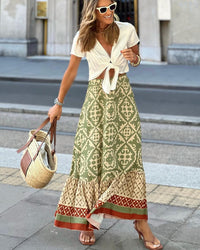 Printed Boho maxi skirt with a flowing cut & fringes – Yalina-Green-S-State of Style