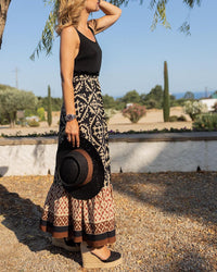 Printed Boho maxi skirt with a flowing cut & fringes – Yalina-Green-S-State of Style