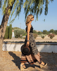 Printed Boho maxi skirt with a flowing cut & fringes – Yalina-Green-S-State of Style