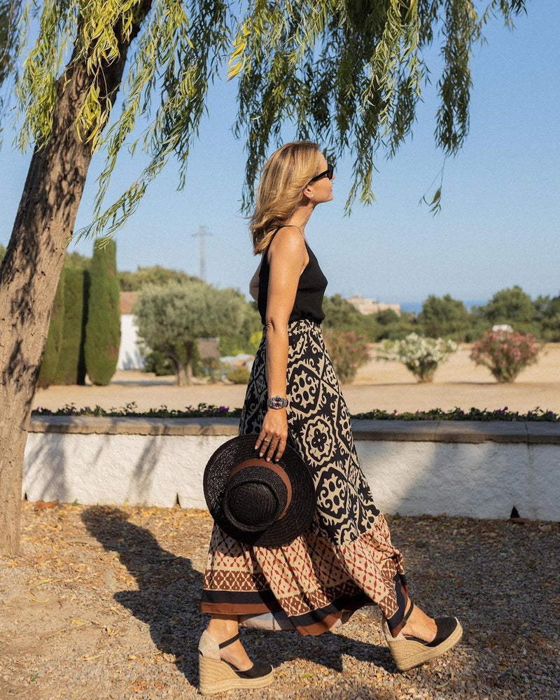 Printed Boho maxi skirt with a flowing cut & fringes – Yalina-Green-S-State of Style