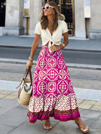 Printed Boho maxi skirt with a flowing cut & fringes – Yalina-Pink-S-State of Style