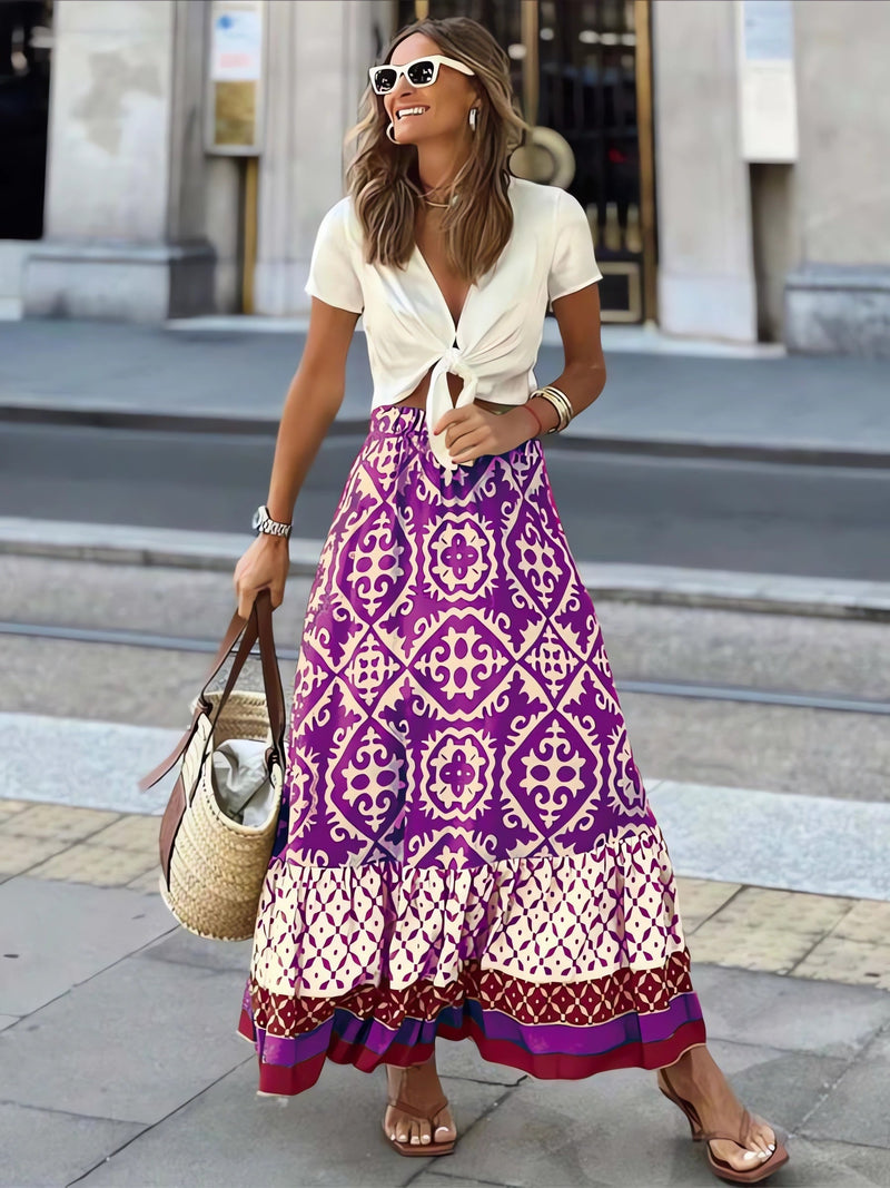 Printed Boho maxi skirt with a flowing cut & fringes – Yalina-Purple-S-State of Style