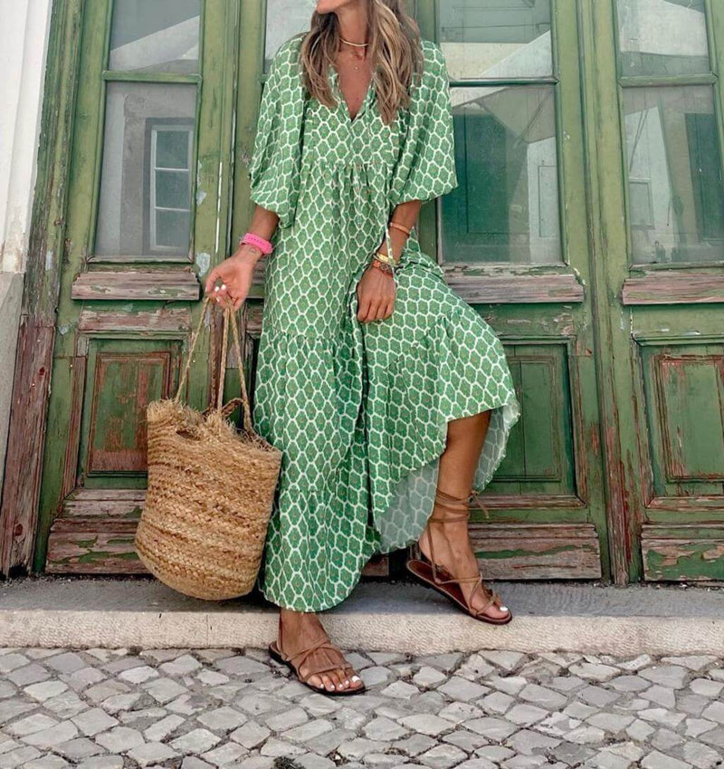 Printed maxi dress with waist band – Aurelia-Red-S-State of Style