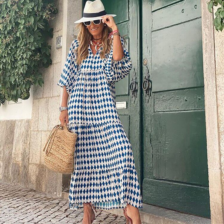 Printed maxi dress with waist band – Aurelia-Red-S-State of Style