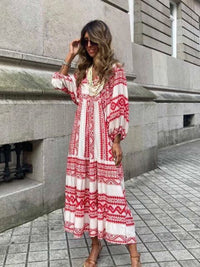 Printed maxi dress with waist band – Aurelia-Red White-S-State of Style