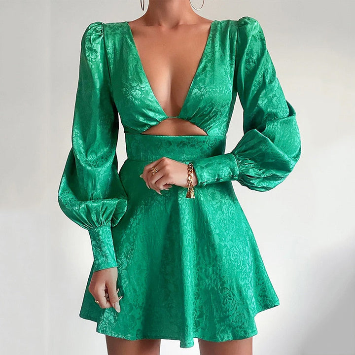 Printed satin dress with puff sleeves – Clarisse-Green-S-State of Style