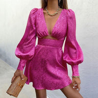 Printed satin dress with puff sleeves – Clarisse-Pink-S-State of Style