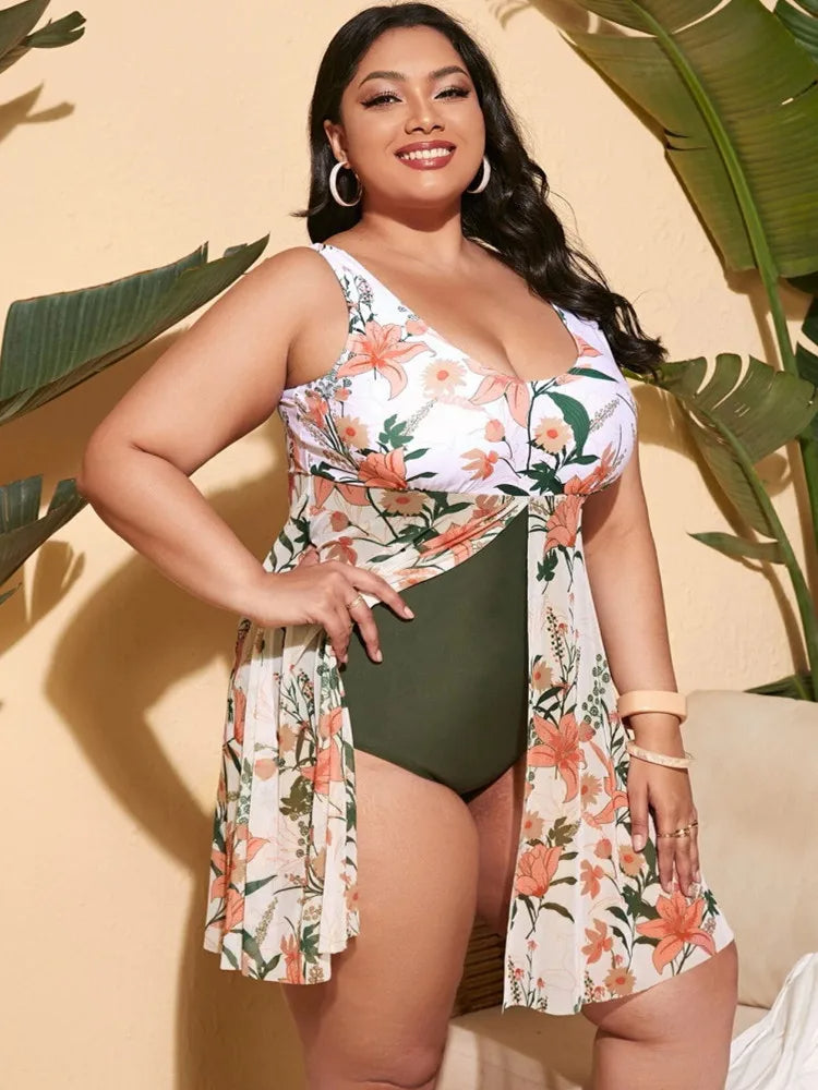 Printed Swim Skirt Set in Plus Size-Blue-2XL-State of Style