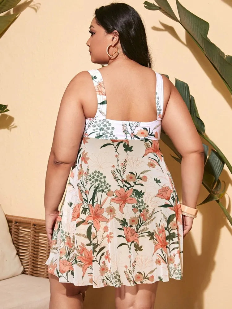 Printed Swim Skirt Set in Plus Size-Blue-2XL-State of Style