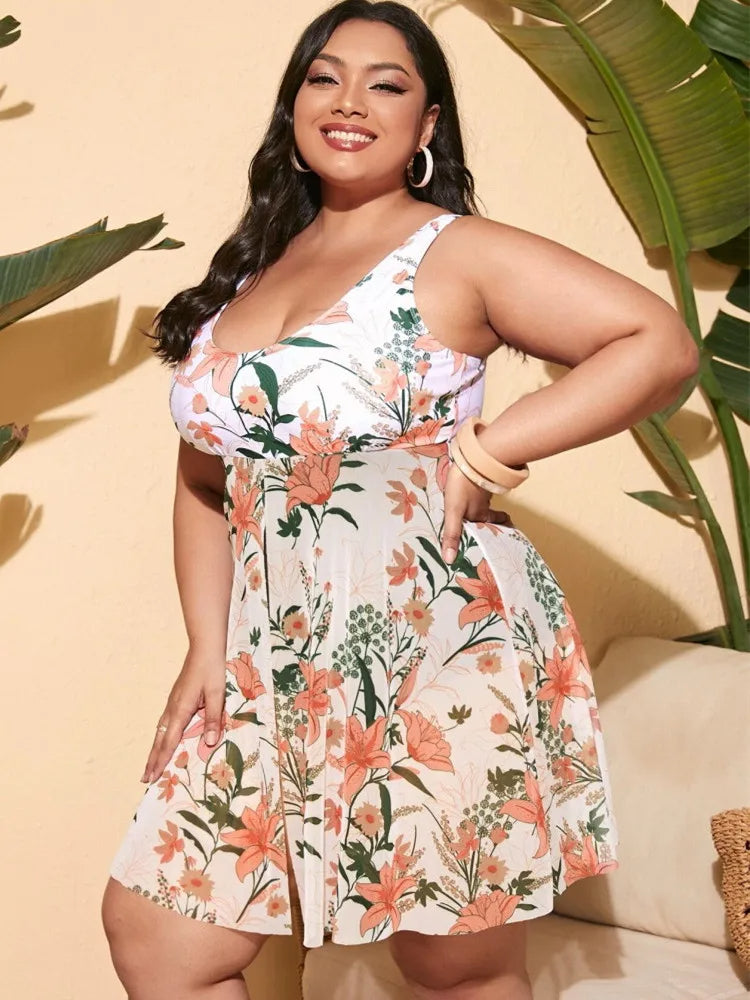 Printed Swim Skirt Set in Plus Size-White-2XL-State of Style