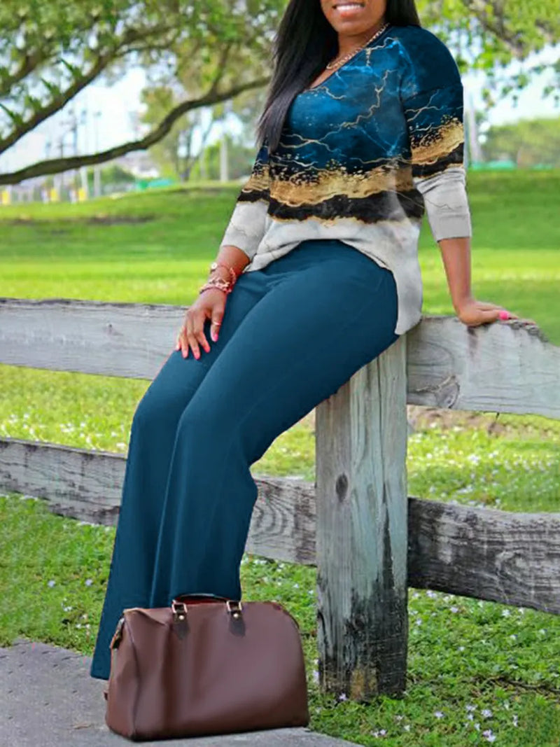 Printed V-Neck Plus Size Outfit Set-Black-XL-State of Style