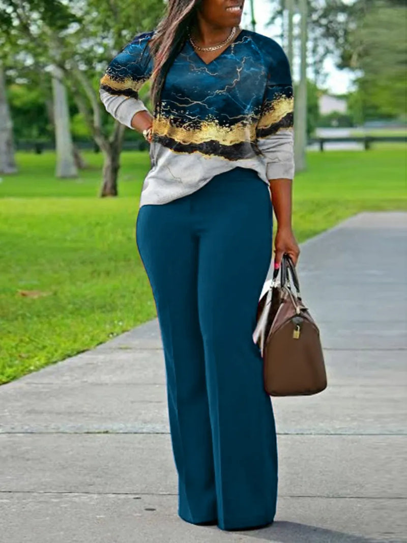Printed V-Neck Plus Size Outfit Set-Blue-XL-State of Style