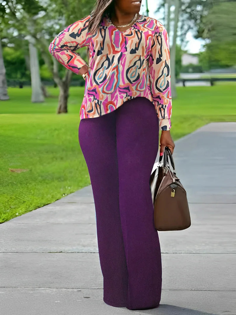 Printed V-Neck Plus Size Outfit Set-Purple-XL-State of Style