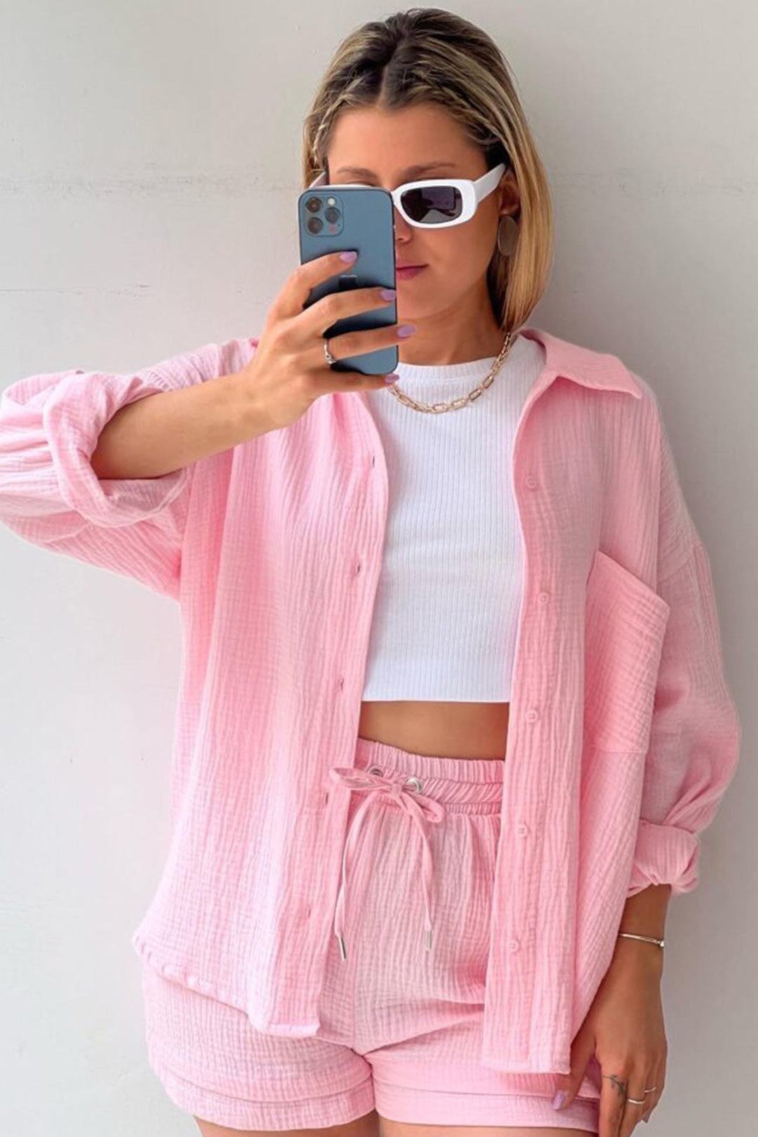 Radiant Summer Long Sleeve Shirt And Shorts Set | Elowen Collection-Pink-S-State of Style