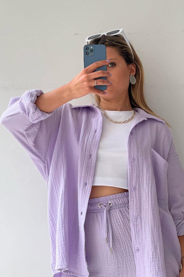 Radiant Summer Long Sleeve Shirt And Shorts Set | Elowen Collection-Purple-S-State of Style