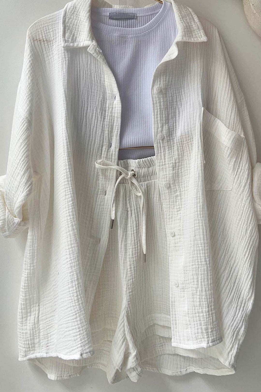 Radiant Summer Long Sleeve Shirt And Shorts Set | Elowen Collection-White-S-State of Style