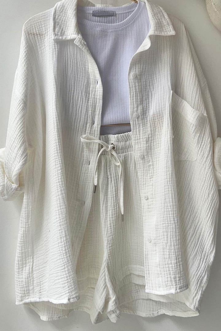 Radiant Summer Long Sleeve Shirt And Shorts Set | Elowen Collection-White-S-State of Style