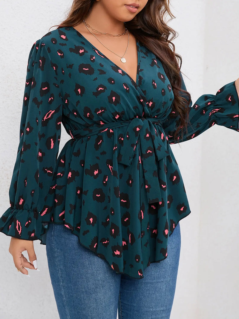 Relaxed Fit V-Neck Blouse in Plus Size-Green-L-State of Style