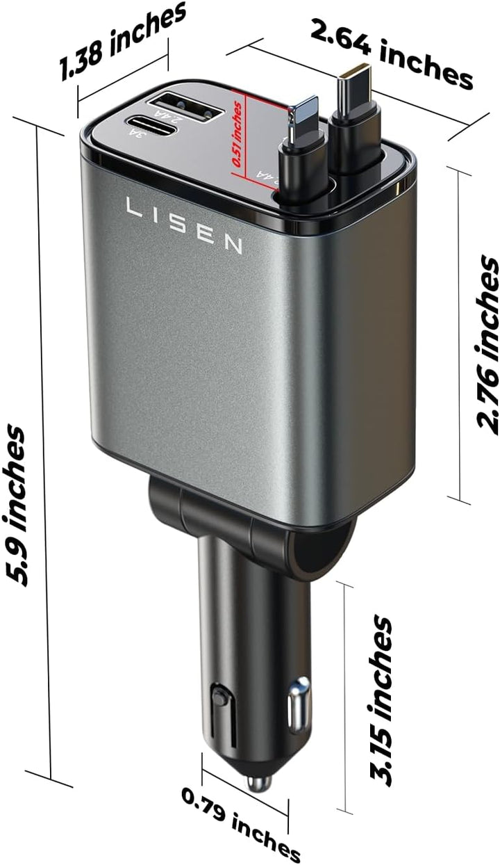 Retractable Car Charger 69W USB C-Black - USB Type C - 24 Volt-State of Style