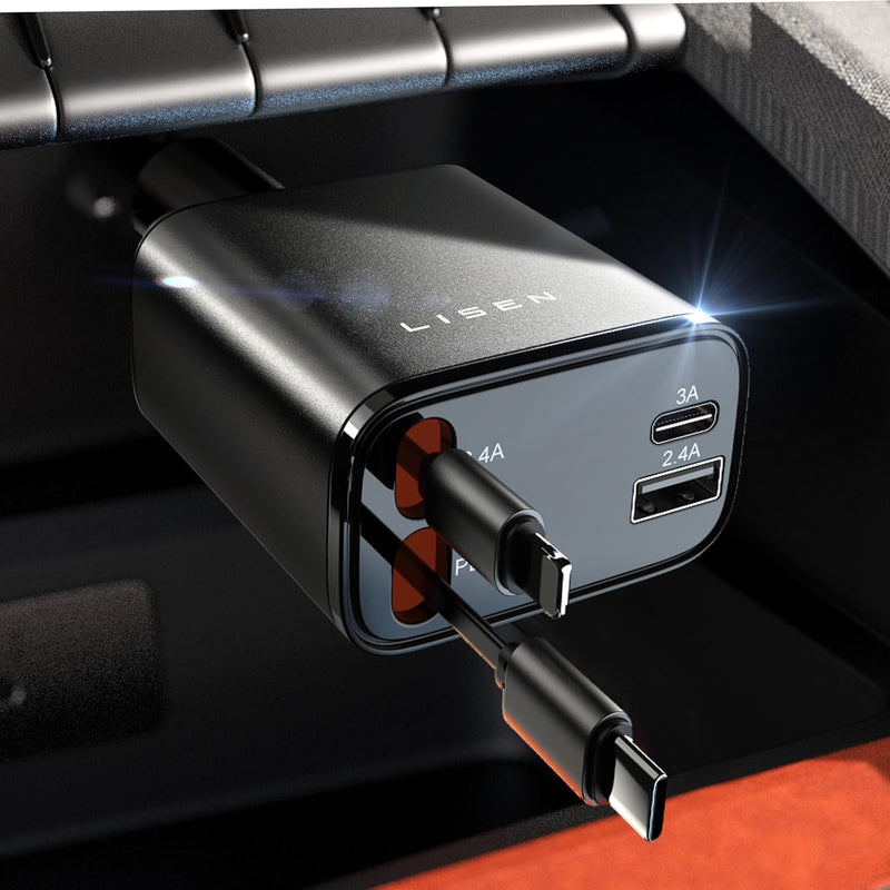 Retractable Car Charger 69W USB C-Black - USB Type C - 24 Volt-State of Style