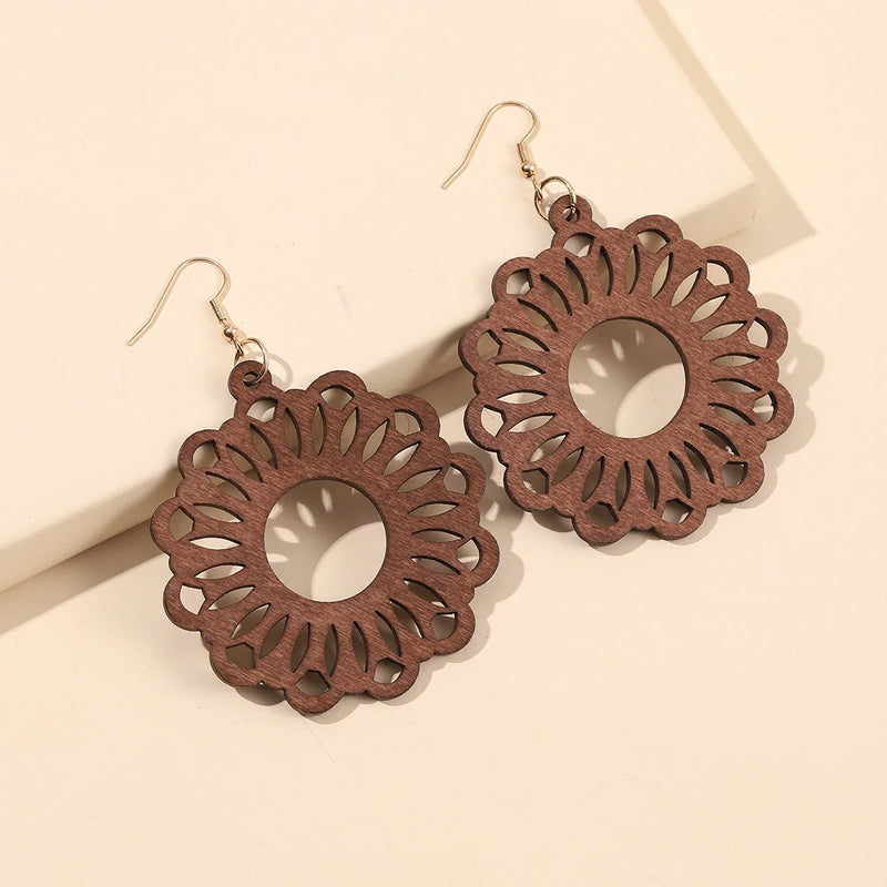 Retro Carved Wooden Earrings | Unique Handmade Jewellery-FLOWER 1-State of Style
