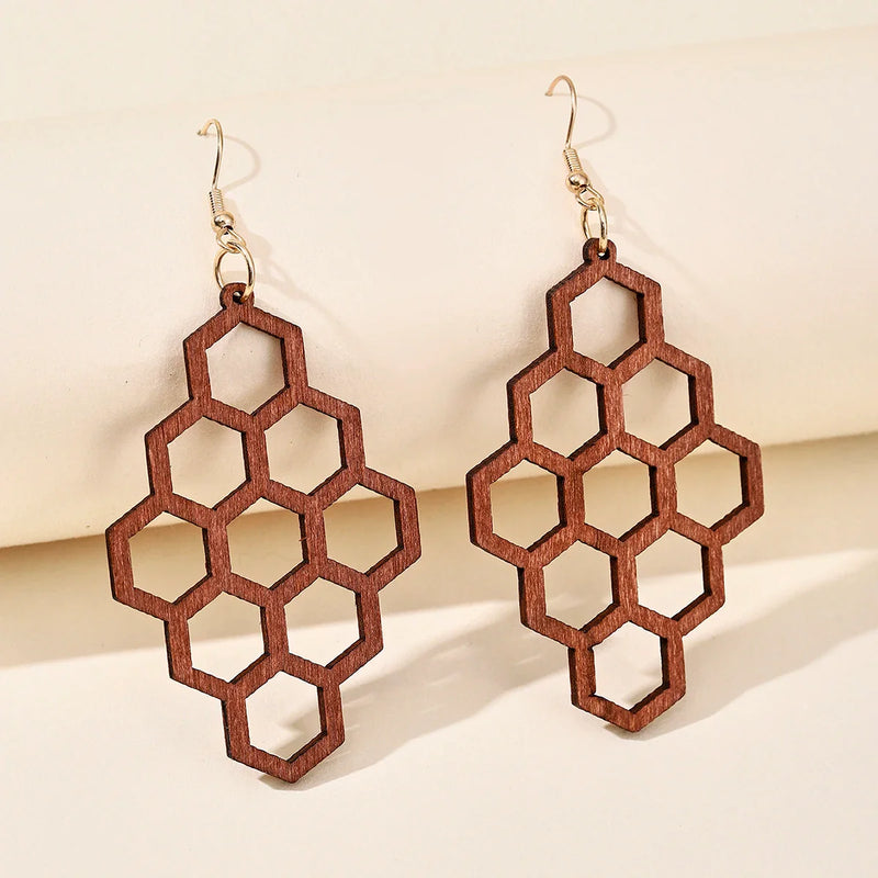 Retro Carved Wooden Earrings | Unique Handmade Jewellery-HONEYCOMB-State of Style