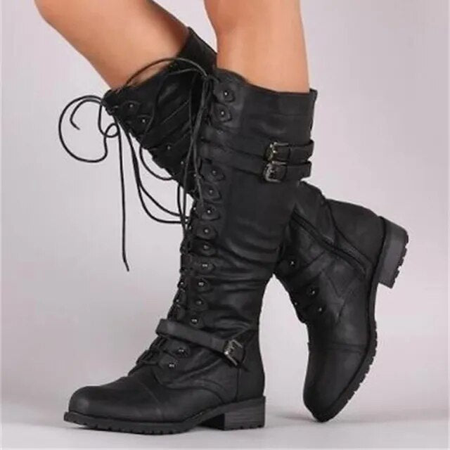 Retro Lace-Up Boots with Buckle - Elora-Black-5-State of Style