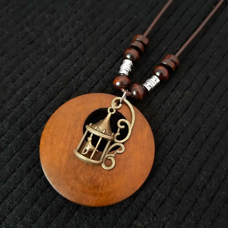 Retro Round Wooden Necklace | Unique Boho Style Jewellery-BIRD-State of Style
