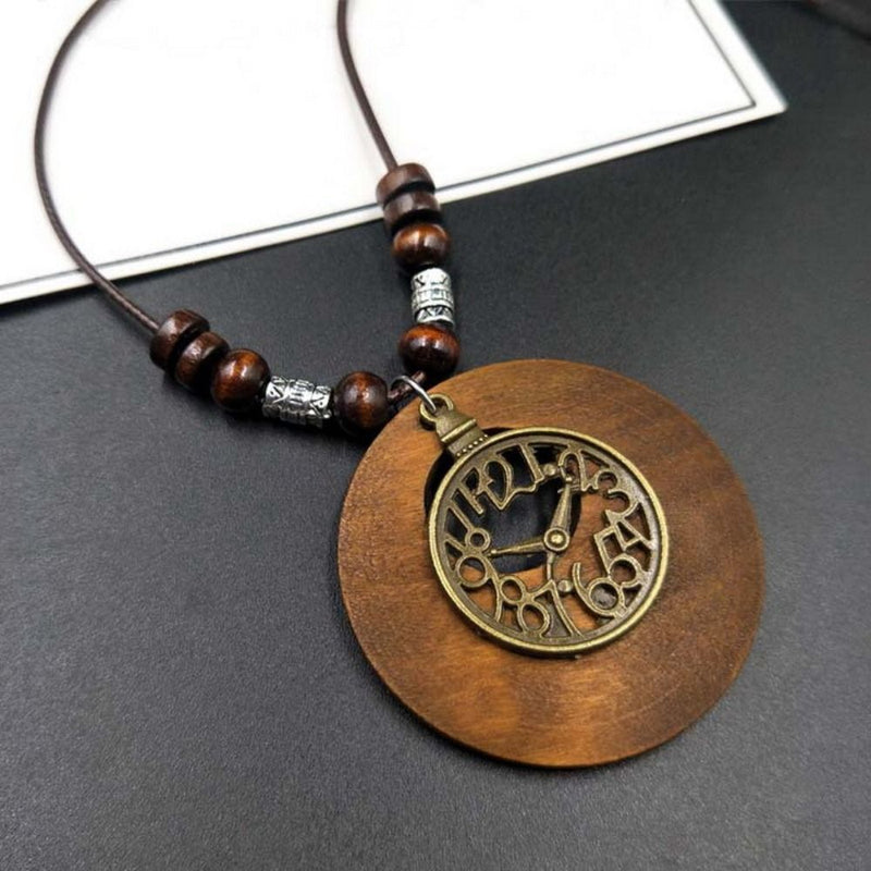 Retro Round Wooden Necklace | Unique Boho Style Jewellery-CLOCK-State of Style