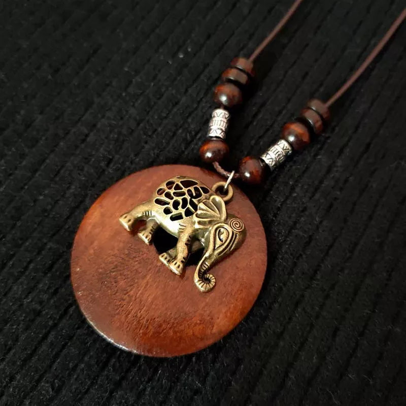 Retro Round Wooden Necklace | Unique Boho Style Jewellery-ELEPHANT-State of Style