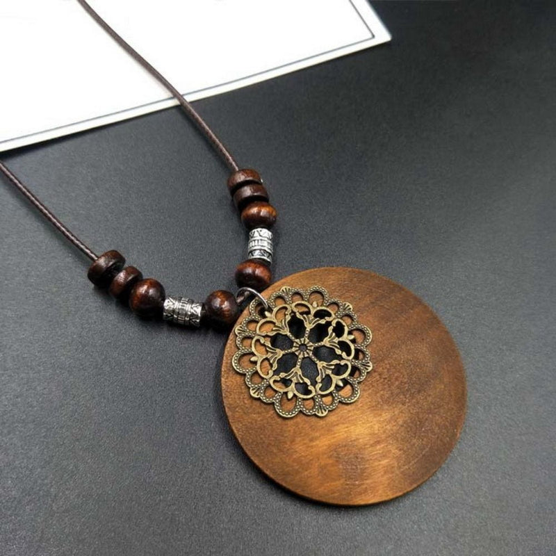 Retro Round Wooden Necklace | Unique Boho Style Jewellery-FLOWER-State of Style