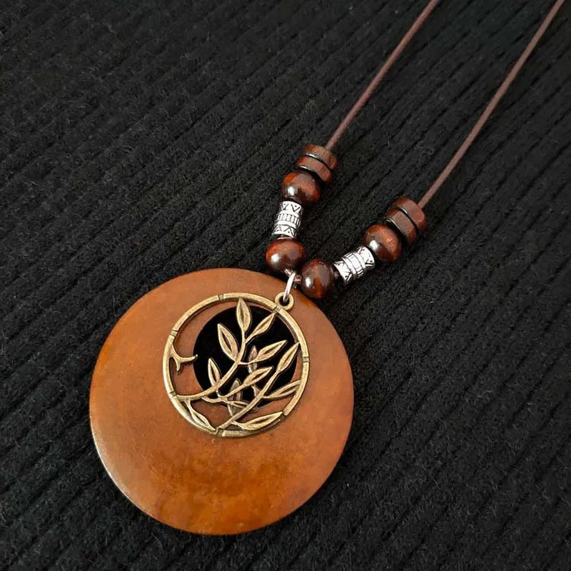 Retro Round Wooden Necklace | Unique Boho Style Jewellery-LEAVES-State of Style