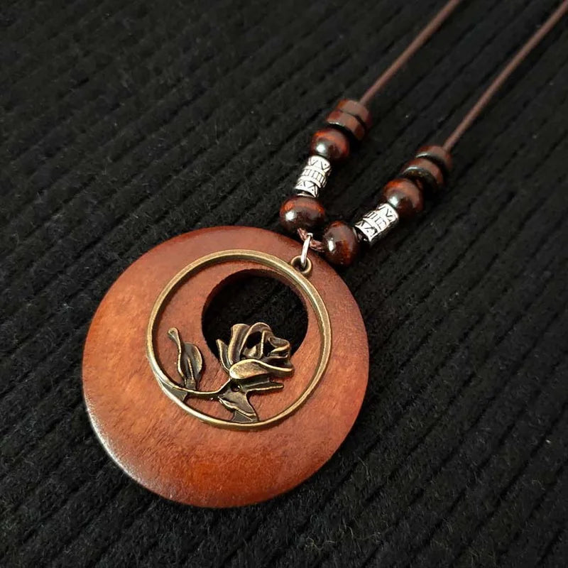 Retro Round Wooden Necklace | Unique Boho Style Jewellery-ROSE-State of Style