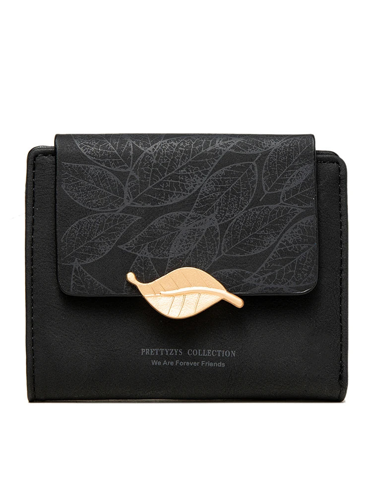Retro-Style Wallet with Frosted Leaf Pattern-Black-State of Style