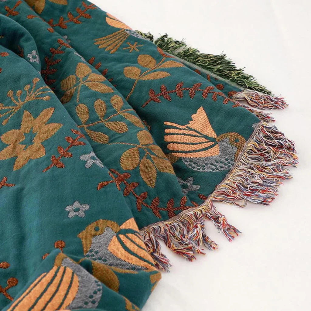 Reversible Scandinavian Bird Blanket - NordicNest-Turquoise-Beige-Full (150x200xm)-State of Style