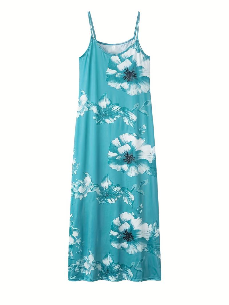 Rhea Slim Maxi Dress with Floral Pattern-Cyan Blue-S-State of Style