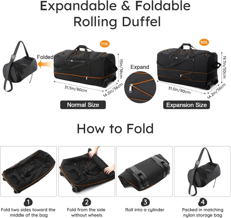 Extra Large Expandable Rolling Duffle Bag 110L–140L – Foldable Travel Luggage
