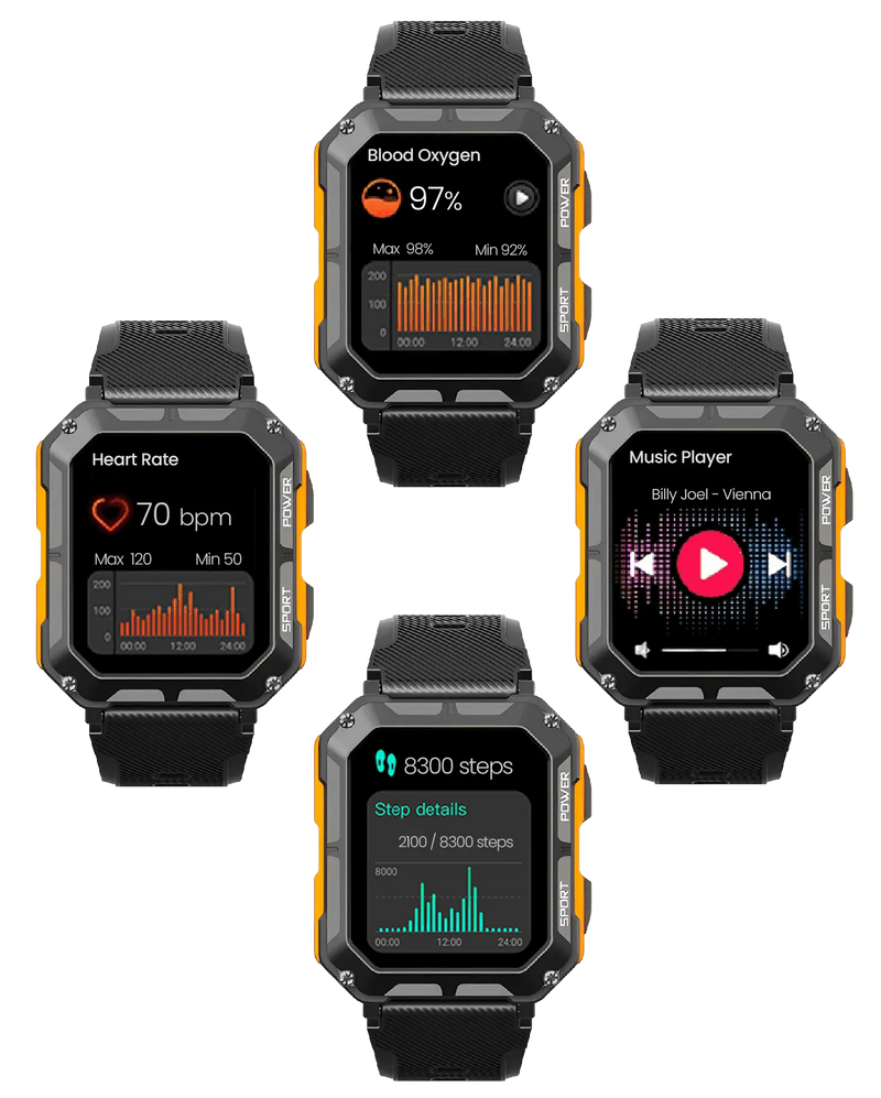 Rugged Smartwatch with Heart Rate Monitor & Step Tracker - EnduranceX-Black-State of Style