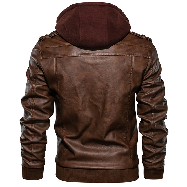 Ryder Men's Faux Leather Jacket with Removable Hood-Brown-S-State of Style